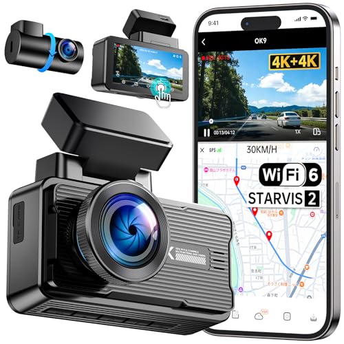 OKYES ドライブレコーダー【2026業界最新！前後4Kカメラ＋高速wifi6】前後カメラ ドラレコ 4K GPS搭載 リアカメラ360°回転 HDR/WDR 超暗視機能 72時間駐車監視 360°画像逆転可 起動音調整可 耐高温 スーパーキャパシタ 3インチ タッチパネル 小型 脱着可能 Type-C電源 1TBカード対応 (OK9-NK)の商品画像（Amazon）