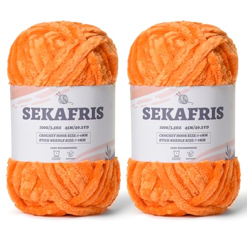 Image of Chenille Velvet Soft Yarn Orange 2 Pack | 200g /98.4yds Fuzzy Chunky Chenille Yarn for Crocheting Plush Yarn for Hand Knitting Amigurumi Fluffy Yarn