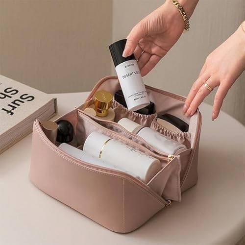 Bolsa Necessaire Feminina Organizadora de Maquiagem para Viagem, Dupla Camada de Couro, Grande Capac
