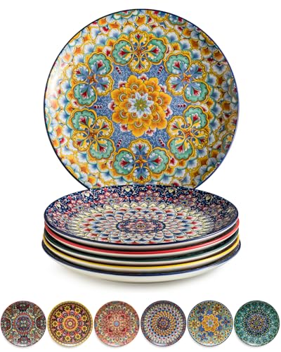 Euisail Salad Plate Set of 6, 8.5 Inch Dinner Plates for Salad, Pasta, Dessert,Steak, Appetizers Colorful Bohemian Style Dishes for Kitchen