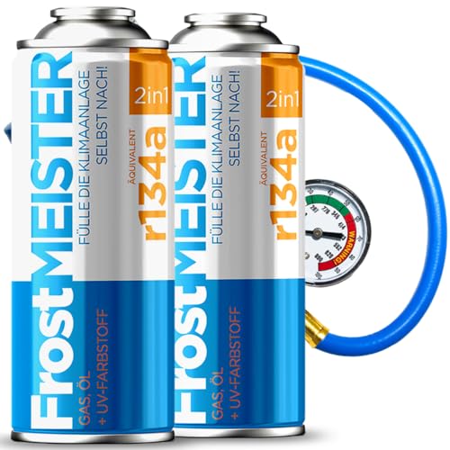 FrostMEISTER 2 en 1 – Kit de recarga de aire acondicionado para coche, 2 × 400 ml, incluye manguera manómetro– Aplicación rápida, fácil y respetuosa con el medio ambiente (R134a, 1995-2016)