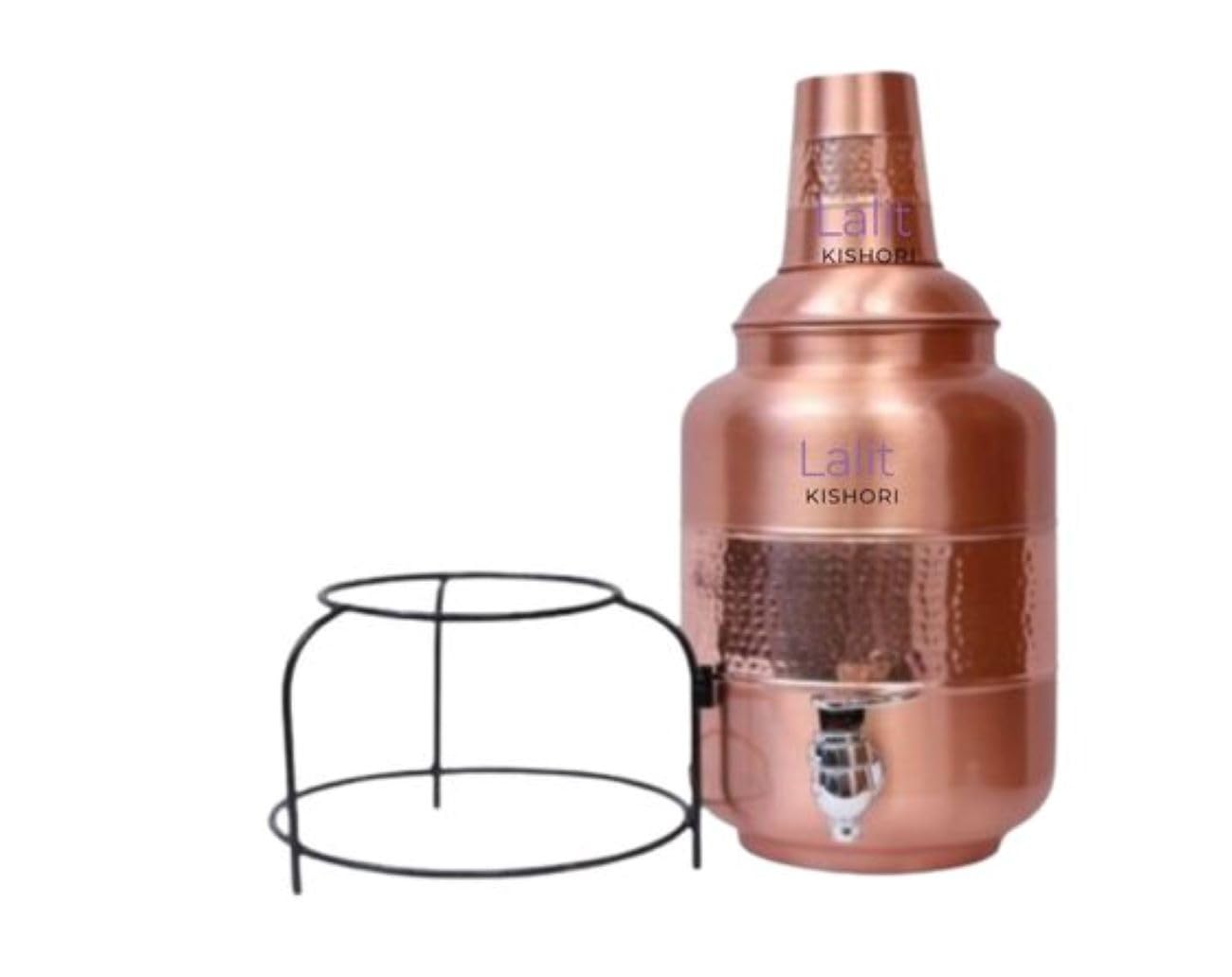 Distributeur d'eau en cuivre pur martelé pour matka/récipient/pot/réservoir de 5 litres avec 1 verre et 1 support