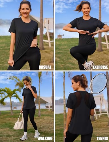 Crewhpo Camiseta Deportiva Mujer Camisetas Deporte de Manga Corta de Secado Rápido y Transpirable Malla Trasera Top Ropa para Yoga Correr Gimnasio