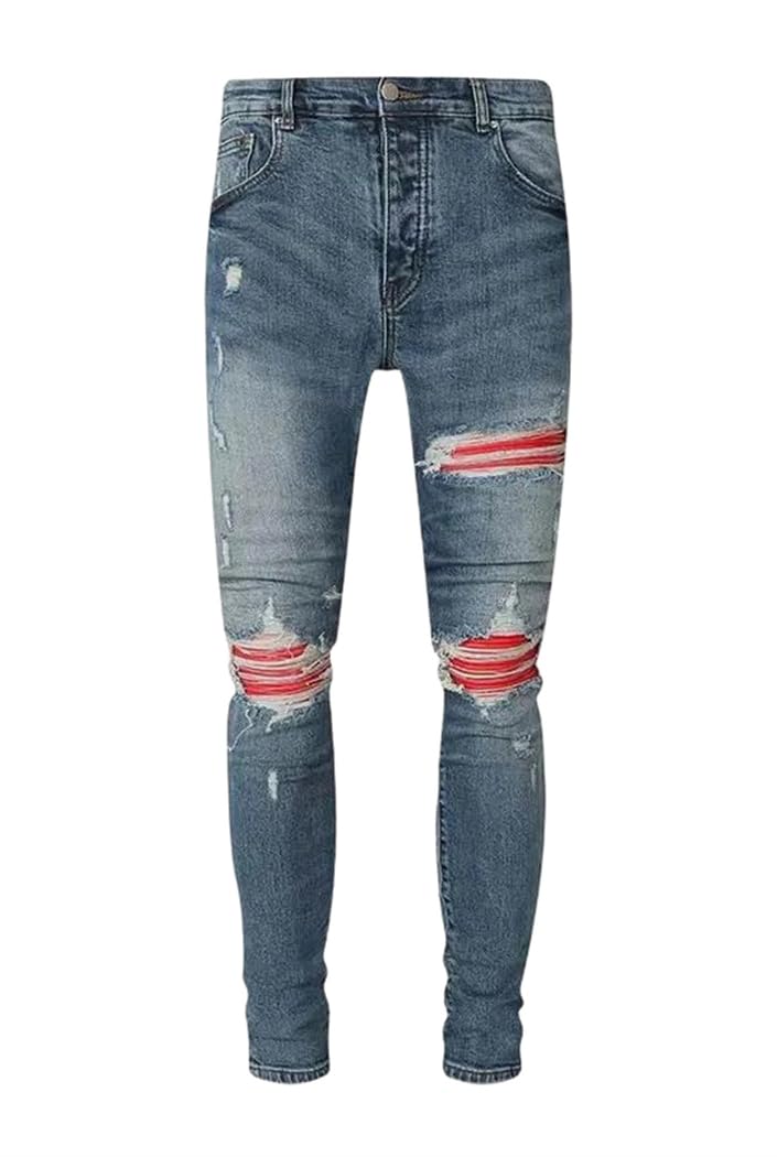 Mens Street Fashion Skinny Jeans Blue Stretch Ripped Denim Pants with Red Patch Design