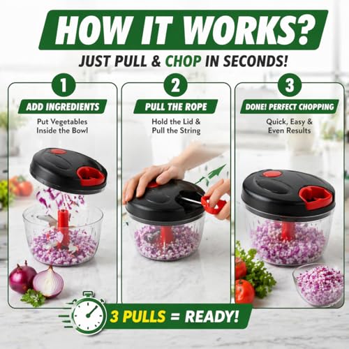 Image of Manual Pull String Vegetable Chopper for Kitchen | Strong Rope Onion Cutter, Garlic & Veg Cutter | Durable Hand Pull Food Chopper with Stainless Steel Blades