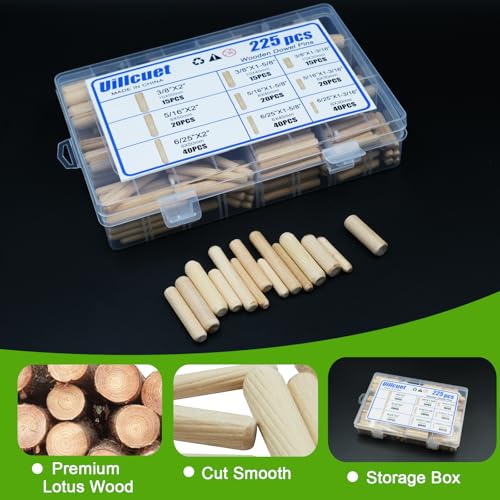 225pcs 6/25\" 5/16\" 3/8\" Wooden Dowel Pins, Wood Plugs Wooden Dowels Rods Grooved Wood Pins for Crafts Furniture Cabinets Model Making (6mm 8mm 10mm) - Thumbnail 3