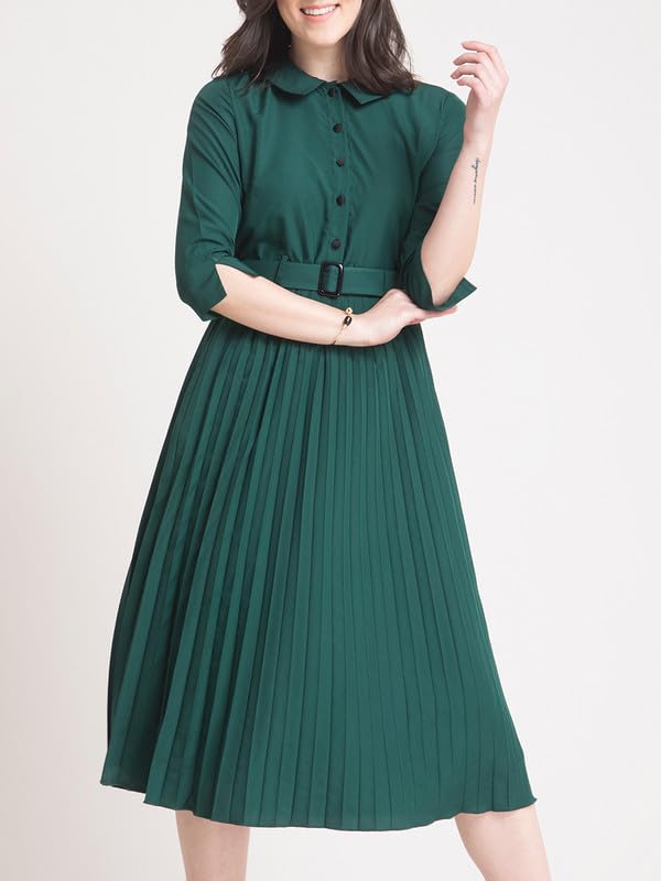 Image of FableStreet Women's Polyester Peter Pan Collar Pleated A Line Midi Dress |Women Formal Dress Smooth Fabric with Belted Waist & Front Slit for Office & Business Events