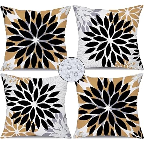 DFXSZ Black Brown Flower Pillow Covers 18x18 Inch Set of 4 White Grey Colored Throw Pillows Outdoor Waterproof Decor for Living Room Sofa Patio Funiture Garden Floral Linen Cushion Case 008C Cover