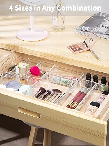 Image of Clear Plastic Drawer Organizers Set, 4-Size Versatile Bathroom and Vanity Drawer Organizer Trays, Storage Bins for Makeup, Bedroom, Kitchen Gadgets Utensils and Office (21 PC SET)