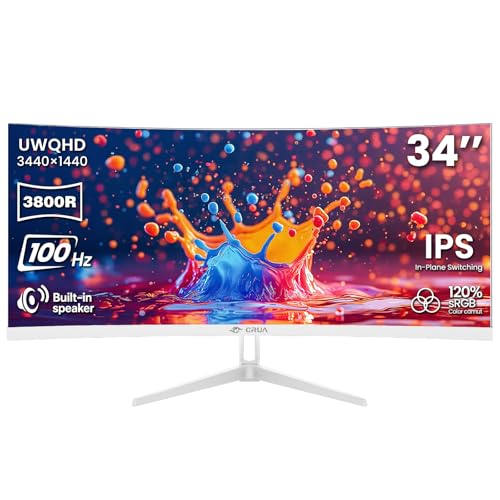 Image of CRUA 34 Inch 21:9 UWQHD 100Hz IPS Ultrawide Curved Monitor, Speakers, White | 120% sRGB, 92% DCI-P3, 1.07B Colors, FreeSync, Blue Light, 3800R, HDMI 2.0, DP 1.4, 100x100 Mount, Office, Editing, Design PC