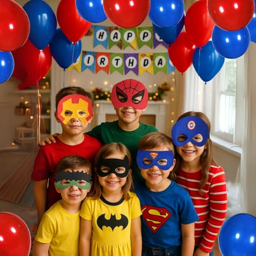 Image of Wanna Party Superhero Birthday Decoration Combo Pack for Boys - 27 Pcs Set with Happy Birthday Banner Balloons and Felt Eye Masks - Party Supplies for Kids Theme Celebration