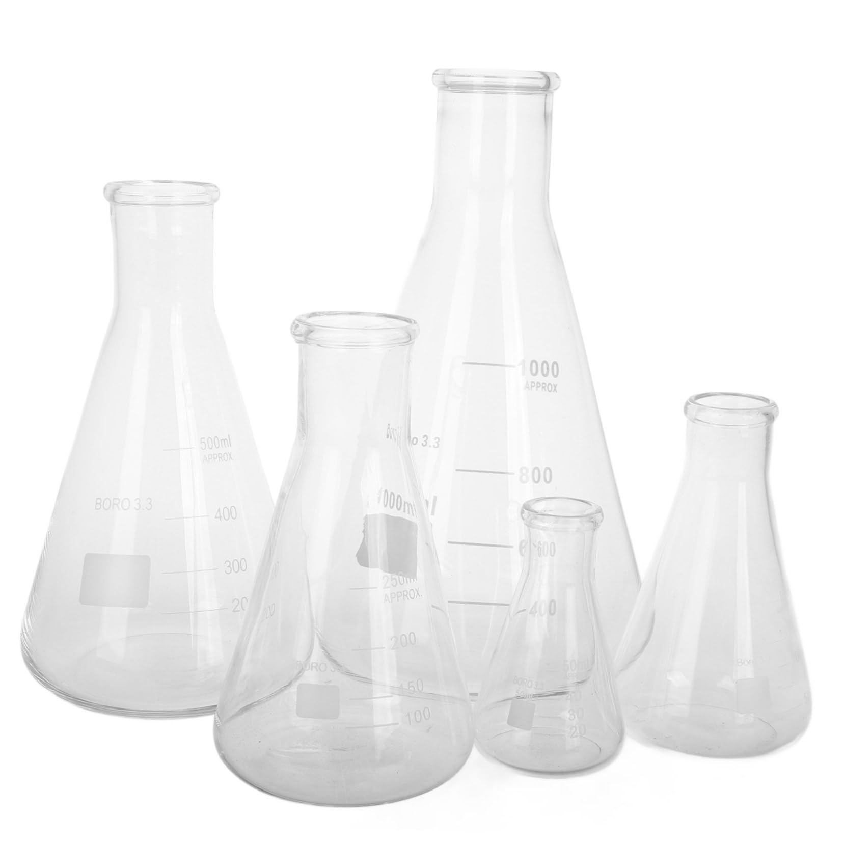 iplusmile Juego de 5 Matraces de Vidrio de Borosilicato Erlenmeyer Base Triangular y Capacidad de 50 Ml a 1 L, Alta Resistencia Térmica y Fácil Vertido para Laboratorio