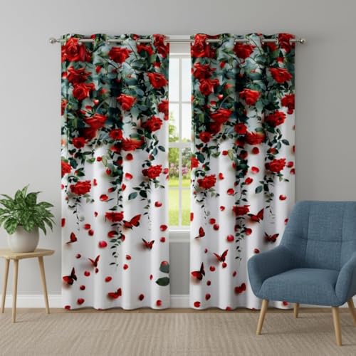 Image of Digital Printed Window Curtains 7 Feet Set of 2 | Red Rose & Butterfly Floral Design | Eyelet Grommet Top Polyester Curtains for Living Room, Bedroom, Door & Home Decor | White