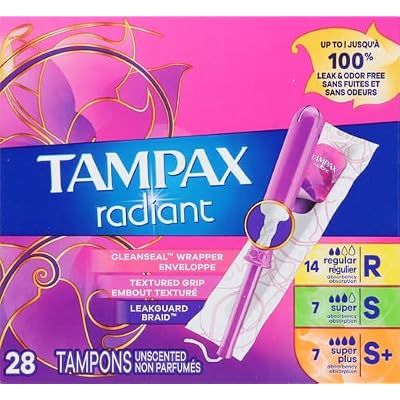 Tampax Radiant Tampons Trio Pack Regular/Super/Super Plus Absorbency, Unscented, 28 Count