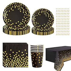 Amycute 126-delig kinderverjaardagsfeestservies zwart goud, Happy Birthday partyset bord beker bruiloft servetten voor…