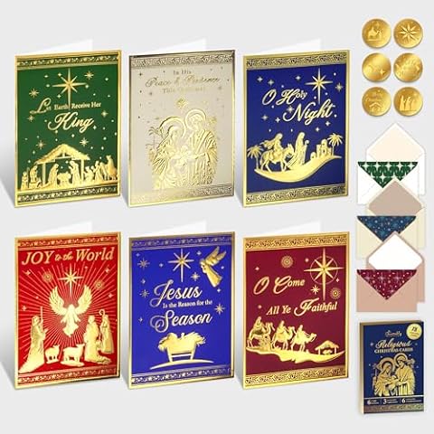 Decorably 18 Pack Gold Foil Embossed Religious Christmas Cards with Envelopes & Stickers - 6 Designs with Printed Message Inside 5x7in Christmas Cards Religious Christmas Cards Boxed with Envelopes Cover