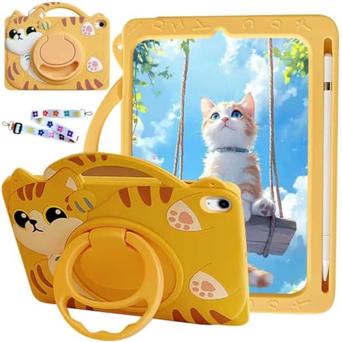 Étui iPad 9.7 pour enfant chat orange avec porte-crayon et bandoulière