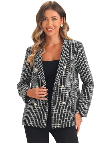 Allegra K Tweed Blazer for Women's Button Front Plaids Jacket Coat