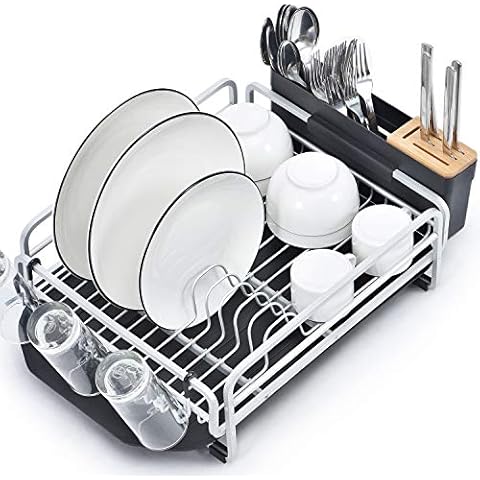 Kingrack Dish Drainer, Large Capacity Aluminum Dish Drainer Rack with Drip Tray, Removable Sink Draining Board, Cup Holder & Bowls Plates Utensils Rack with Cutlery Basket Included for Kitchen Counter Cover