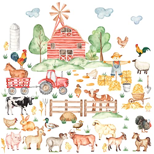 Image of Watercolor Farm Animal Wall Stickers Cartoon Animal Wall Decals Cow Horse Chicken Rooster Stickers Peel and Stick Cute Funny Animals Farm Life Wall Decals for Kids Bedroom Nursery Playroom Decor