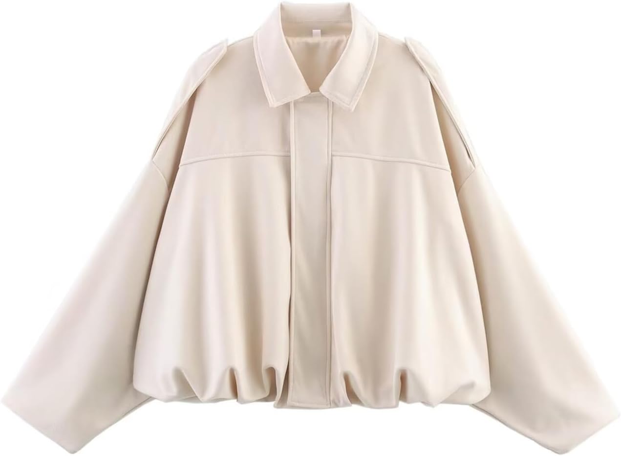 Kissonic Womens Faux Suede Bomber Jacket Oversized Batwing Long Sleeve Zip Up Cropped Coat Streetwear