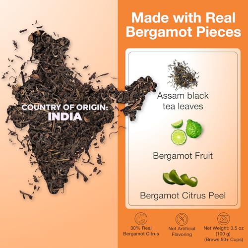 Image of Zi Chun Tea | Bergamot Earl Grey Tea Loose Leaf | Made with Extra Whole Bergamot Pieces (Not Oil), Premium Assam Black Tea, Bold Citrus Flavor, Non-GMO, No Artificial Ingredients | 8.8 oz