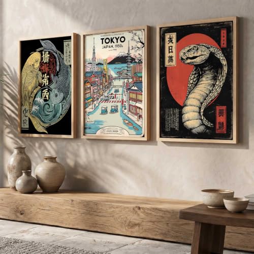 Image of kotart Aesthetic Japanese Nature and City View Wall Framed Posters | Japanese Nature and City View Framed Poster for Living Room Bedroom Gaming Room Studio Wall Decor Set Of 3 (35x37 Inch)