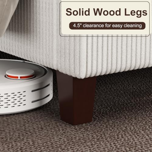 Image of HOWE Queen Size Bed Frame with 50.8 Inch Corduroy Wingback Headboard, White | Modern Upholstered Platform Bed, Solid Wood Slats, No Box Spring Needed, Noise-Reducing Design