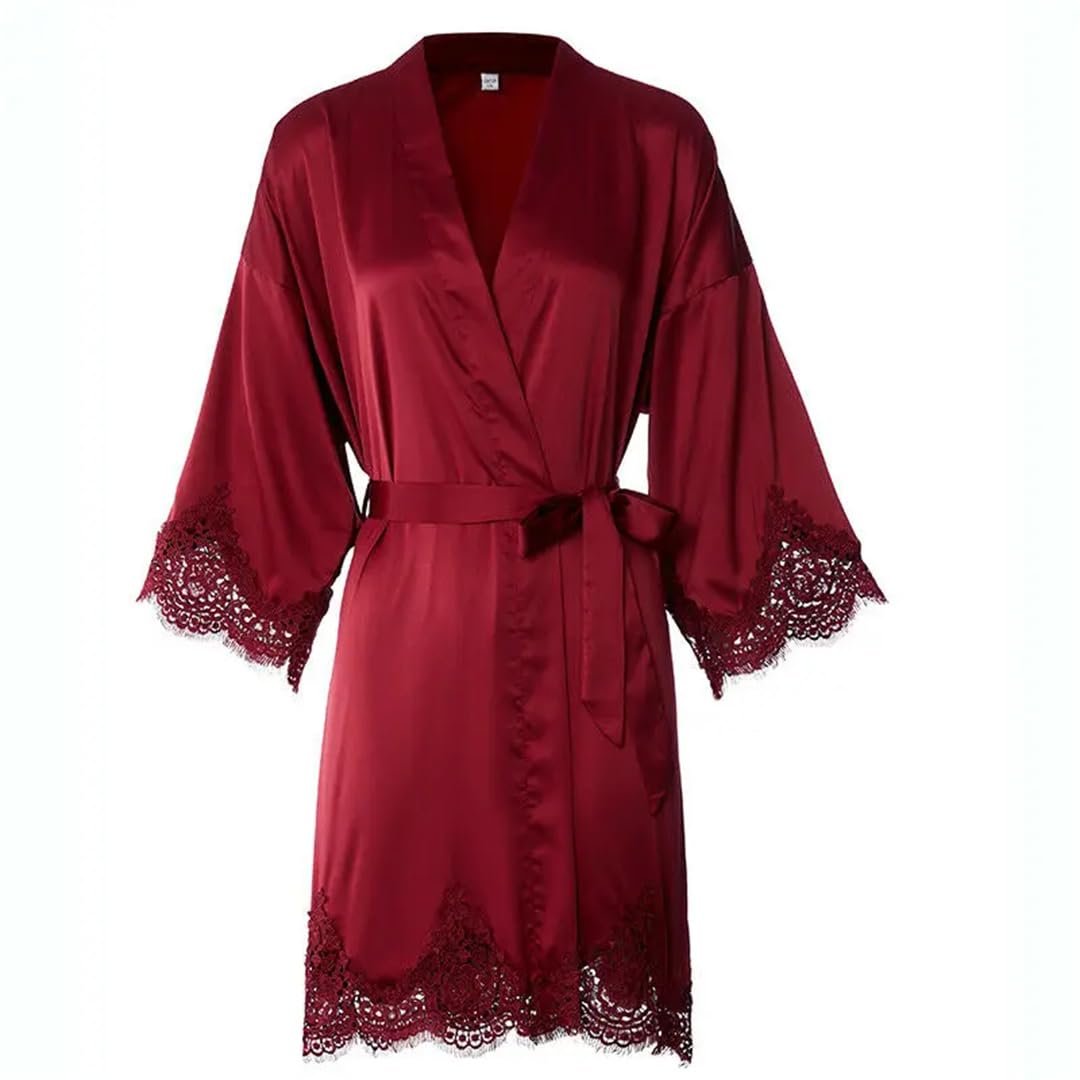 Yeuyyben Raso di Seta Pizzo Robe Per Le Donne Personalizzato Abito Da Sposa Accappatoio Sposa Damigella D'onore Kimono Robe Borgogna