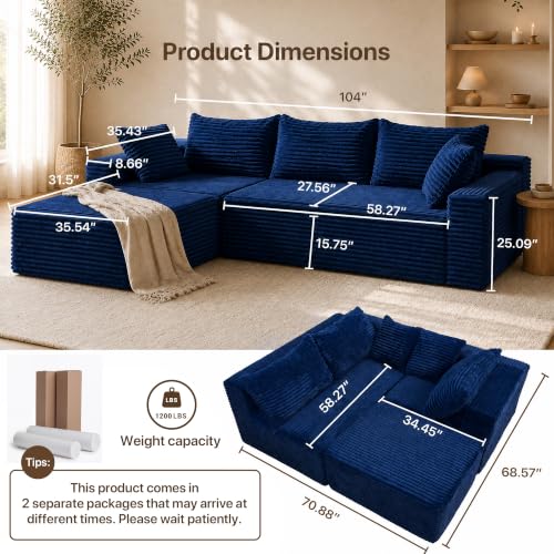Image of Claiks 104 inch Boneless Couch, Cloud Couch Sectional, Blue