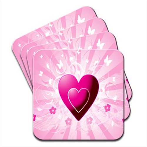 Pink Hearts & Flowers With Flying Butterflies Set Of 4 Coasters