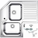 Fhuller Lavello da Cucina Angolare, 83x83 cm, 2 Vasche con Gocciolatoio Destro, Acciaio Inox