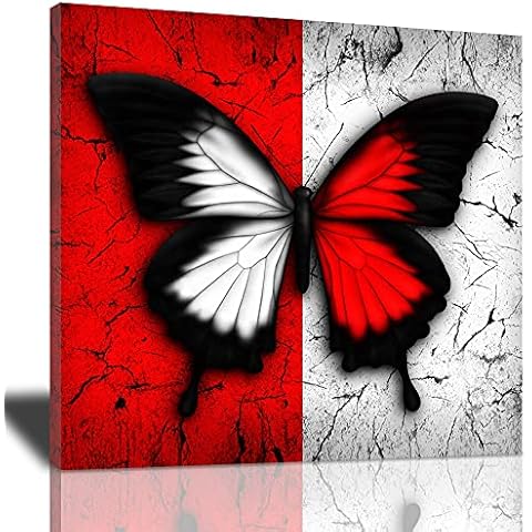 Butterfly Canvas Wall Art Black And White Red Butterfly Pictures Wall Decor Abstract Butterfly Painting Print Artworks Modern Home Decorations Gifts Framed for Bedroom Bathroom Living Room 20"x20" Cover