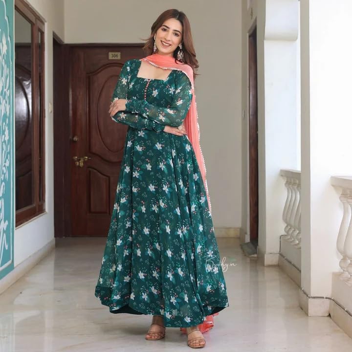 Image of KD Women Pure Georgette Floral Print Anarkali Kurta Pant Set with Dupatta Anarkali Kurti for Women
