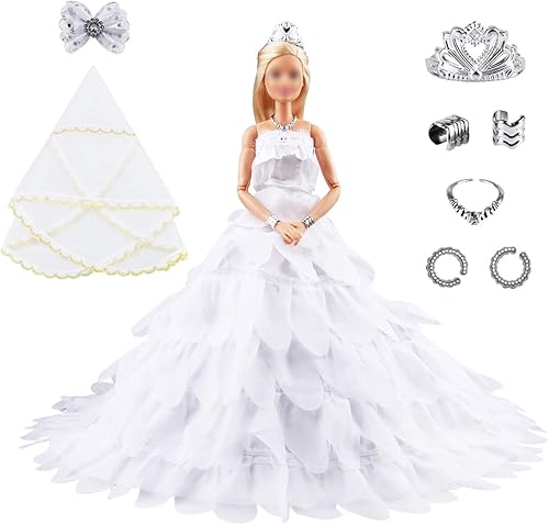 Keysse Ropa de muñeca falda voluminosa vestido de novia grande con 5 accesorios corona velo  lazos para el cabello collar y pulsera ropa de fiesta