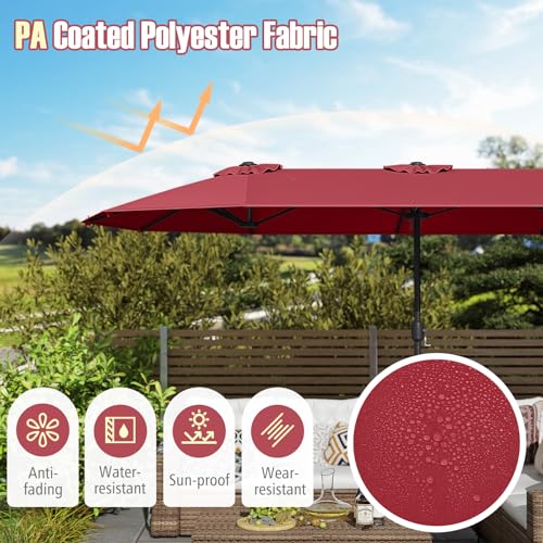 Image of Tangkula 13FT Double-sided Patio Umbrella, Extra Large Twin Table Umbrella with Crank Handle, Umbrella Base, Safety Lock, Air Vent, Outdoor Market Umbrella for Garden Pool Backyard (Burgundy)