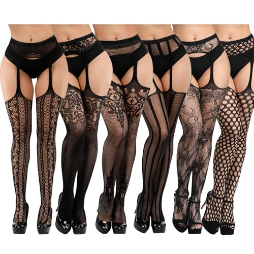 DRESHOW 6 Paires Femme Sexy Élastique Bas pour Porte-Jarretelles Bas Couture Collants Résille Lingerie Grande Taille