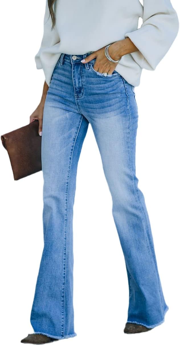 Women's Classic Mid Waist Stretch Slim Bootcut Jeans Distressed Washed Wide Leg Denim Pants