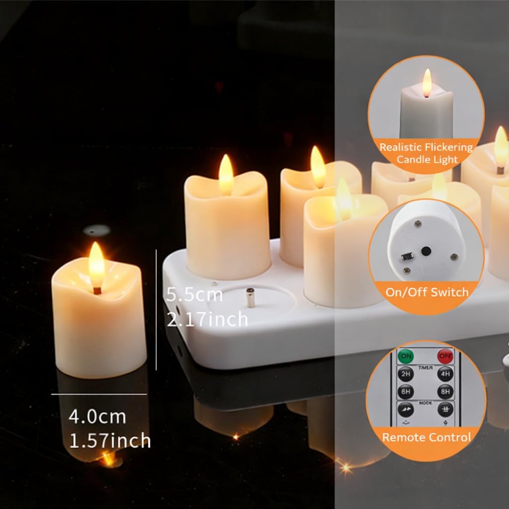 Rechargeable LED Tea Lights, Flickering Flameless Candles with Remote Timer, 12 PCS Electric Battery Operated Prayer Candles for Weddings Decorative (Mirror (White Base))