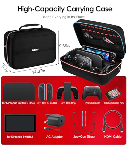 ivoler carrying storage all in one case for nintendo switch 2 2025portable travel all protective hard messenger bag soft lining 20 games for switch 2 console pro controller accessories black
