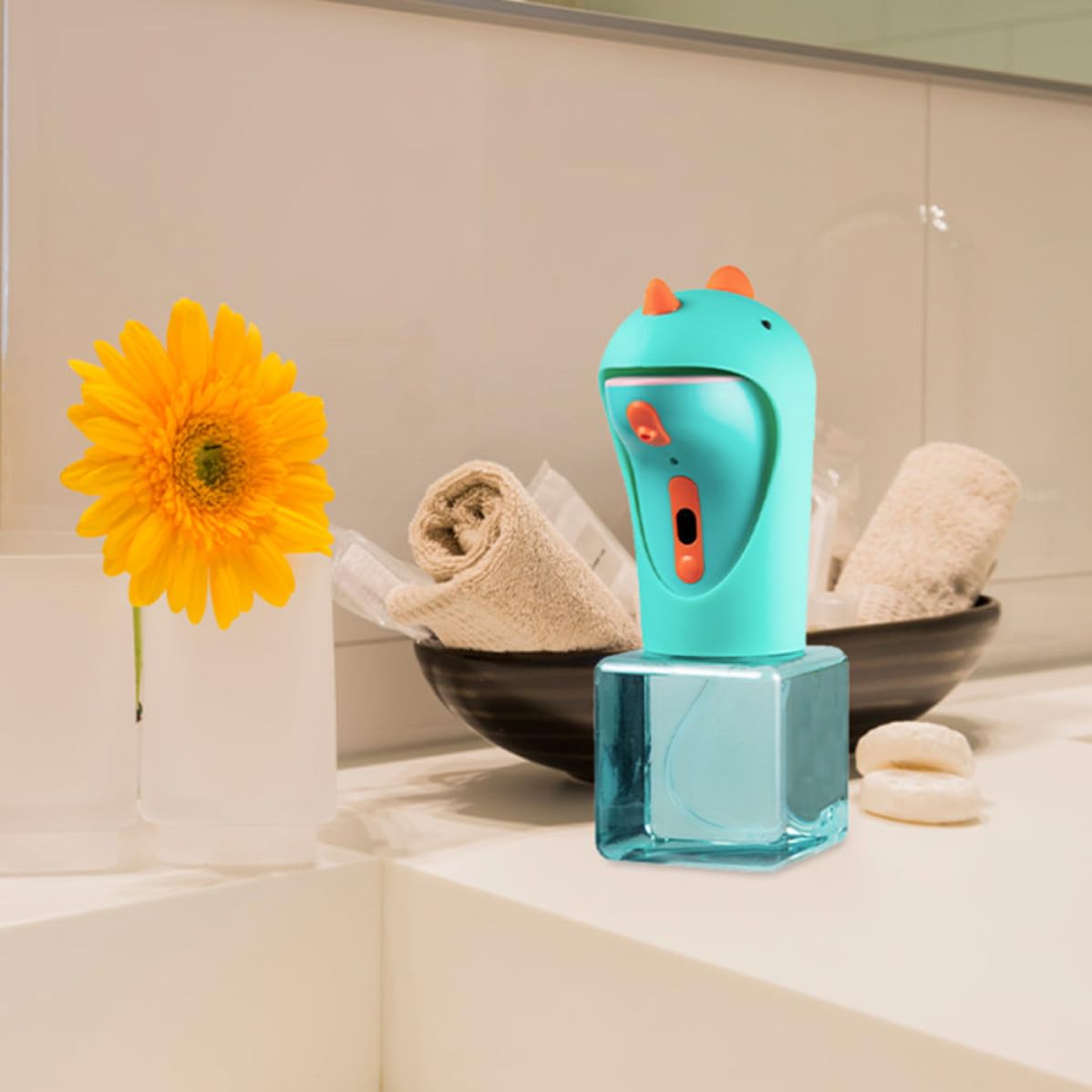 TEHAUX Dispensador de Jabón sin Contacto Dispensador de Jabón Automático de Dinosaurio de Dibujos Animados, Verde, Silicona, Abs y Petg, Antideslizante, Ligero, Cocina y Uso Diario