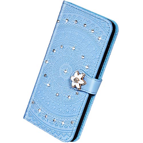 Herbests Cover Compatibile con Samsung Galaxy S7 Flip Case Custodia Portafoglio in Pelle Cover a Libro Custodia Mandala Brillantini Diamante Strass Case Cover con Funzione Stand,Blu