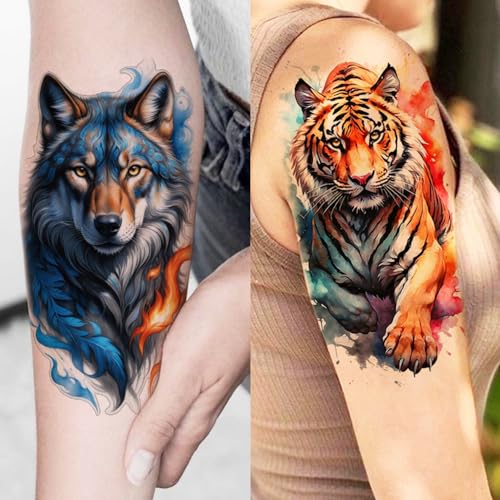 Image of 17 Sheets Unique Watercolor Lion Tiger Animals Temporary Tattoos For Men Women Half Arm Forearm Tattoo Sticker, Realistic 3D Dragon Snake Phoenix Fake Tattoo Sleeve For Adults Body Art Long Lasting
