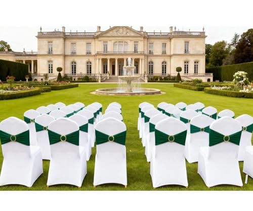 Image of 50 Pack Hunter Green Chair Sashes, Dark Green Spandex Chair Bands with Gold Buckle Slider for Christmas Forest Party Folding Chairs Birthday Decor, Green Chairs Bows Ties