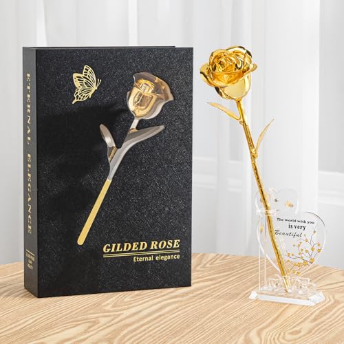 24K Gold Dipped Rose Gift Set – Luxury Eternal Golden Rose with Interlocking Acrylic Butterfly Display Base & Premium Book-Style Gift Box – Romantic Anniversary & Birthday Gift for Her - Image 2