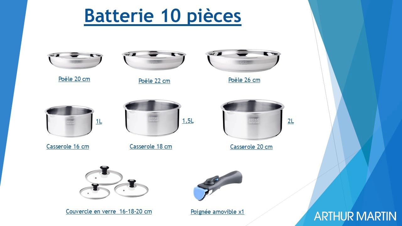Arthur Martin Batterie de Cuisine 10 Pièces Inox, Couvercles en Verre | acier inoxydable, couvercles en verre, intérieur satiné gradué, bec verseur, ustensile nylon, tous feux induction