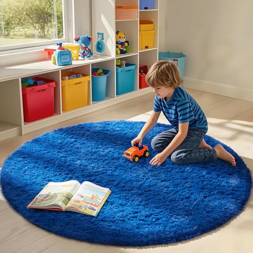 image for Ophanie Round Rug 7Ft Blue Circle Area Rug, Boys Room Decor, Fluffy Fu