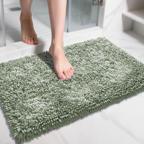 Image of Yimobra Chenille Bathroom Rugs Non Slip, Extra Thick Soft Absorbent Bath Rug 31.5x20 Inch, Machine Washable Quick Dry Bath Mat for Bathroom Floor, Tub and Shower, Home Decor Accessories, Sage Green