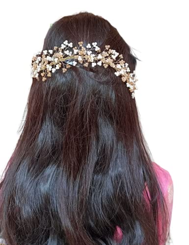 Image of Samyak Crystal Pearl Hair Vine Tiara Hair Accessory Headband Headdress Hair Jewellery For Women | Hair Pin | Bun | Hair Clip For Bridal Wedding Functions Bridesmaid, Gold, Pack of 1
