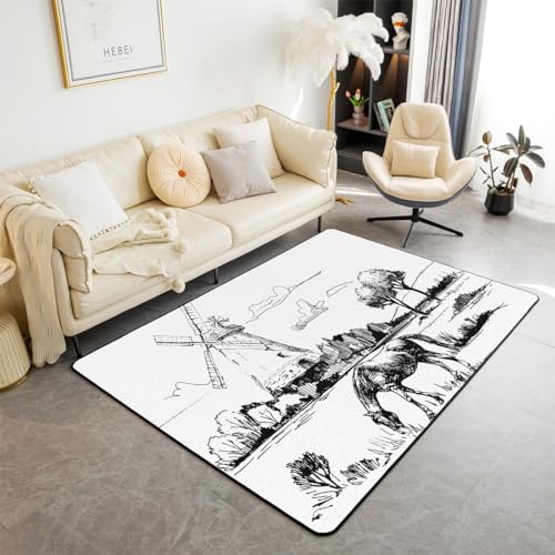 Horse Area Rug 5x7 for Living Room Bedside,Western Cowboy Rug for Kids Boys Girls Teens,Windwill Carpet Non Slip,Hand Drawn Illustration Style Farmhouse Horse Decorative Accent Rug,Non Shedding